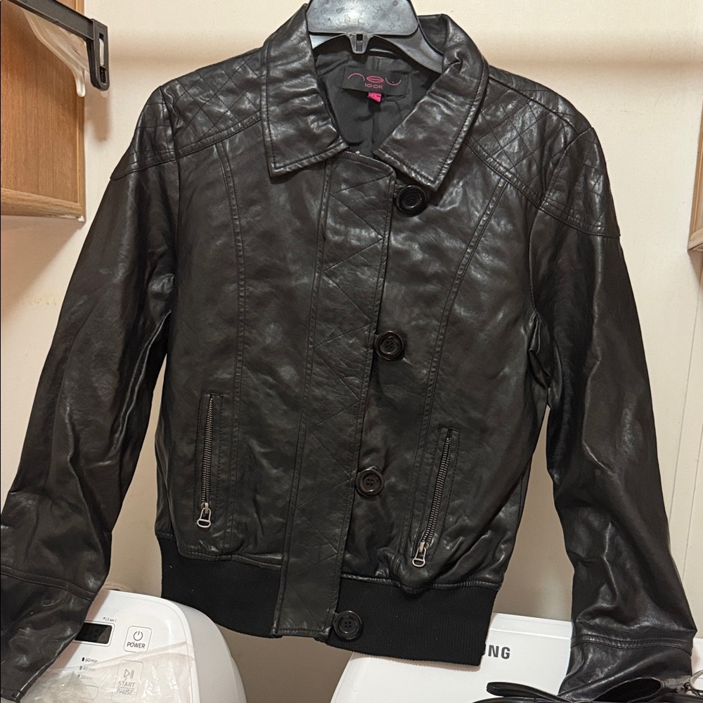New Look Dark Leather Jacket with Button Detail
